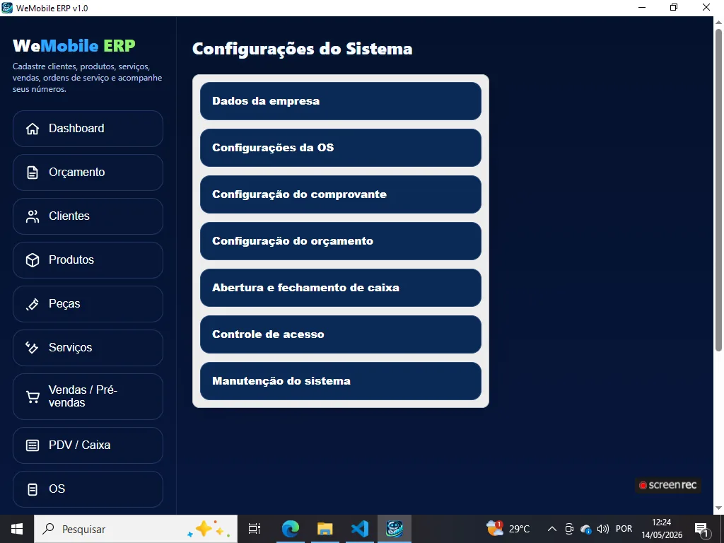 Configurações do sistema no WeMobile ERP