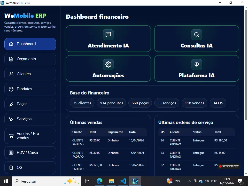 Dashboard financeiro no WeMobile ERP