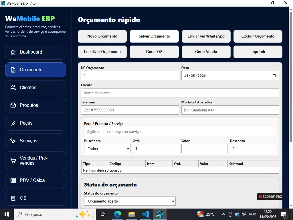 Orçamentos rápidos no WeMobile ERP