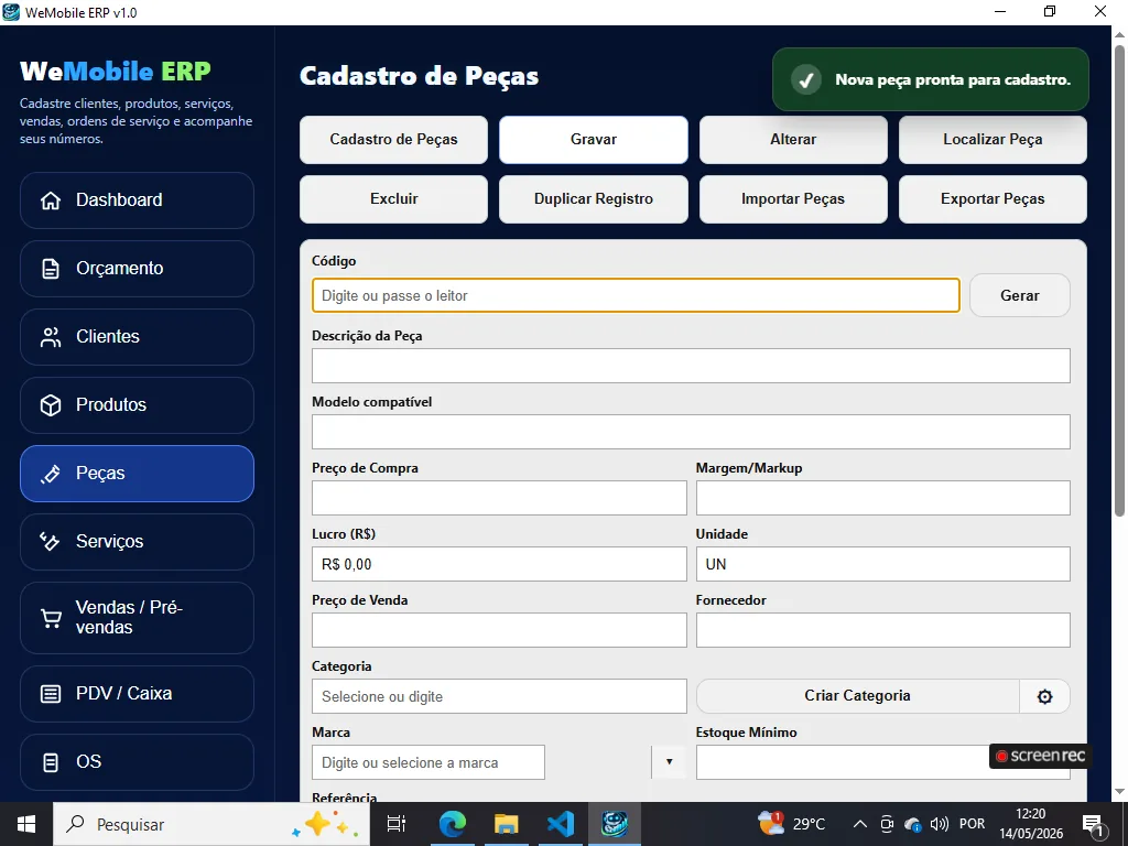 Peças no WeMobile ERP