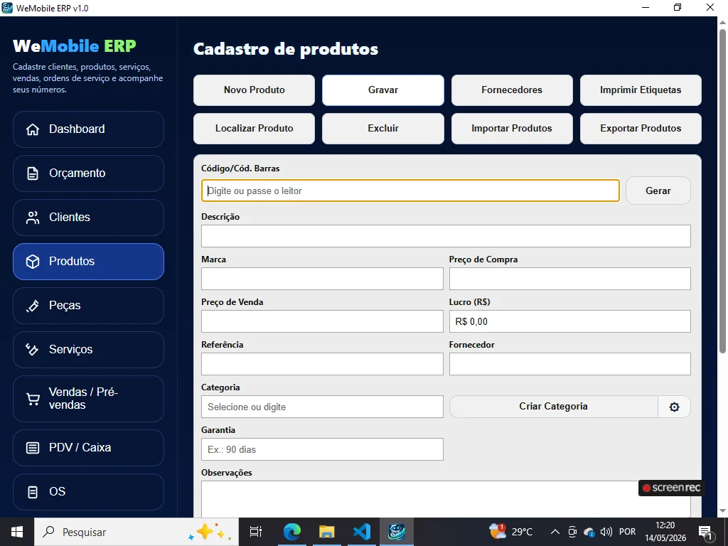 Produtos no WeMobile ERP