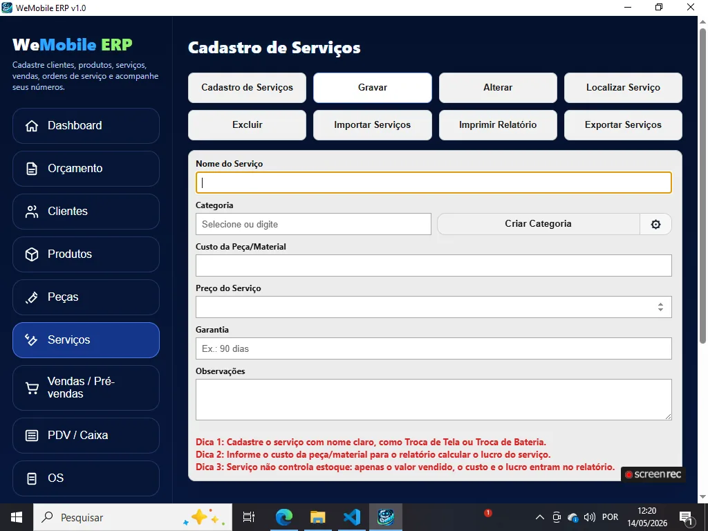 Serviços no WeMobile ERP