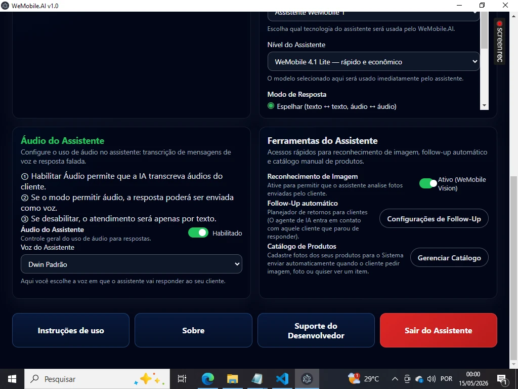 Tela de modelo, áudio e ferramentas da WeMobile.AI